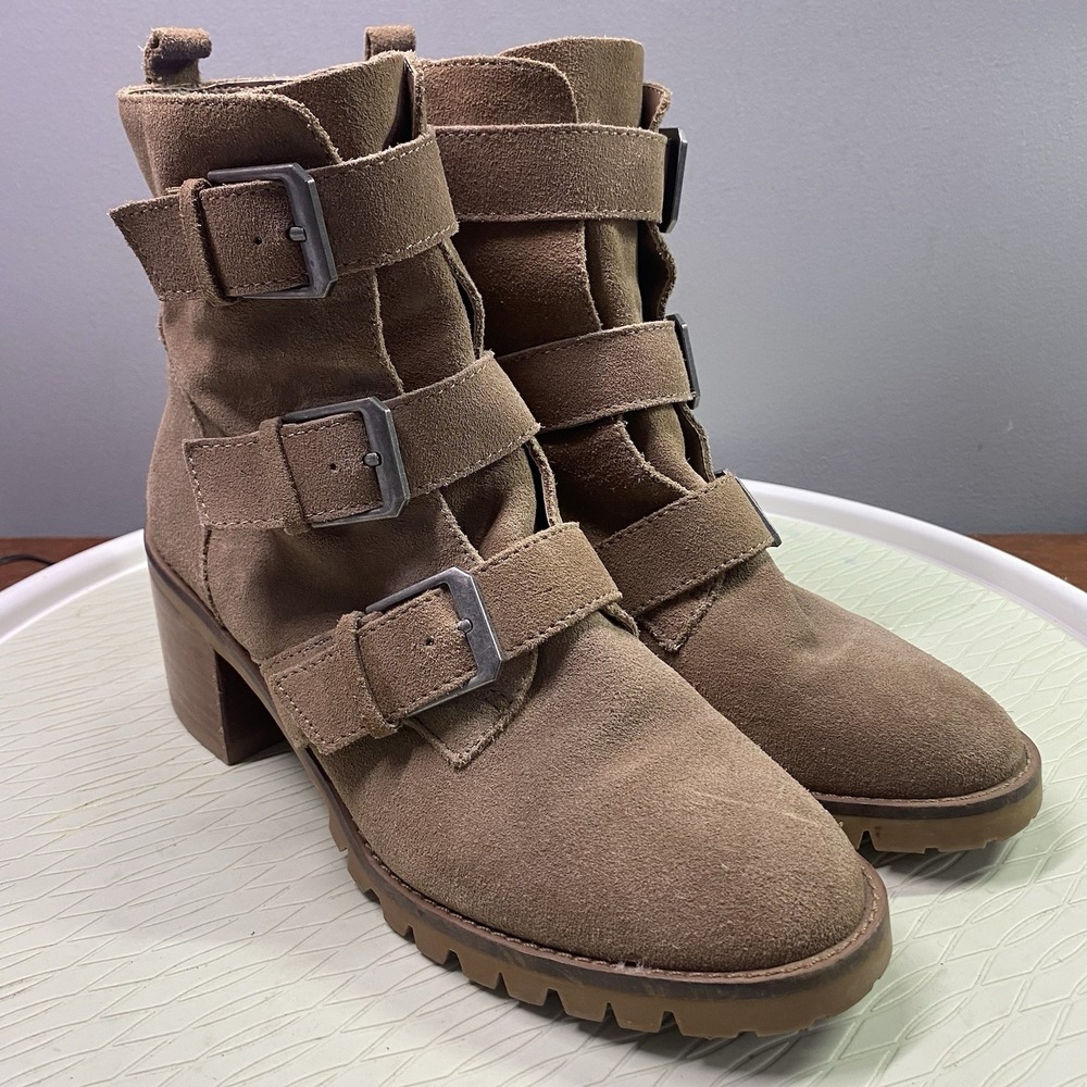 Crown Vintage Asia's Women's Suede Leather Ankle Boots Tan Block Heel Sz.8.5